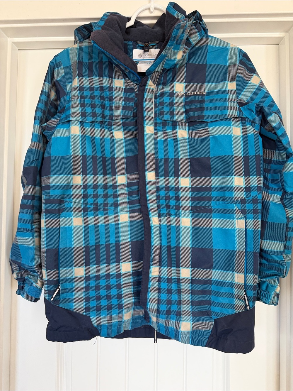 Columbia Boys Large 14/16 Waterproof Plaid Ski Jacket Outer Shell Only Teal Blue